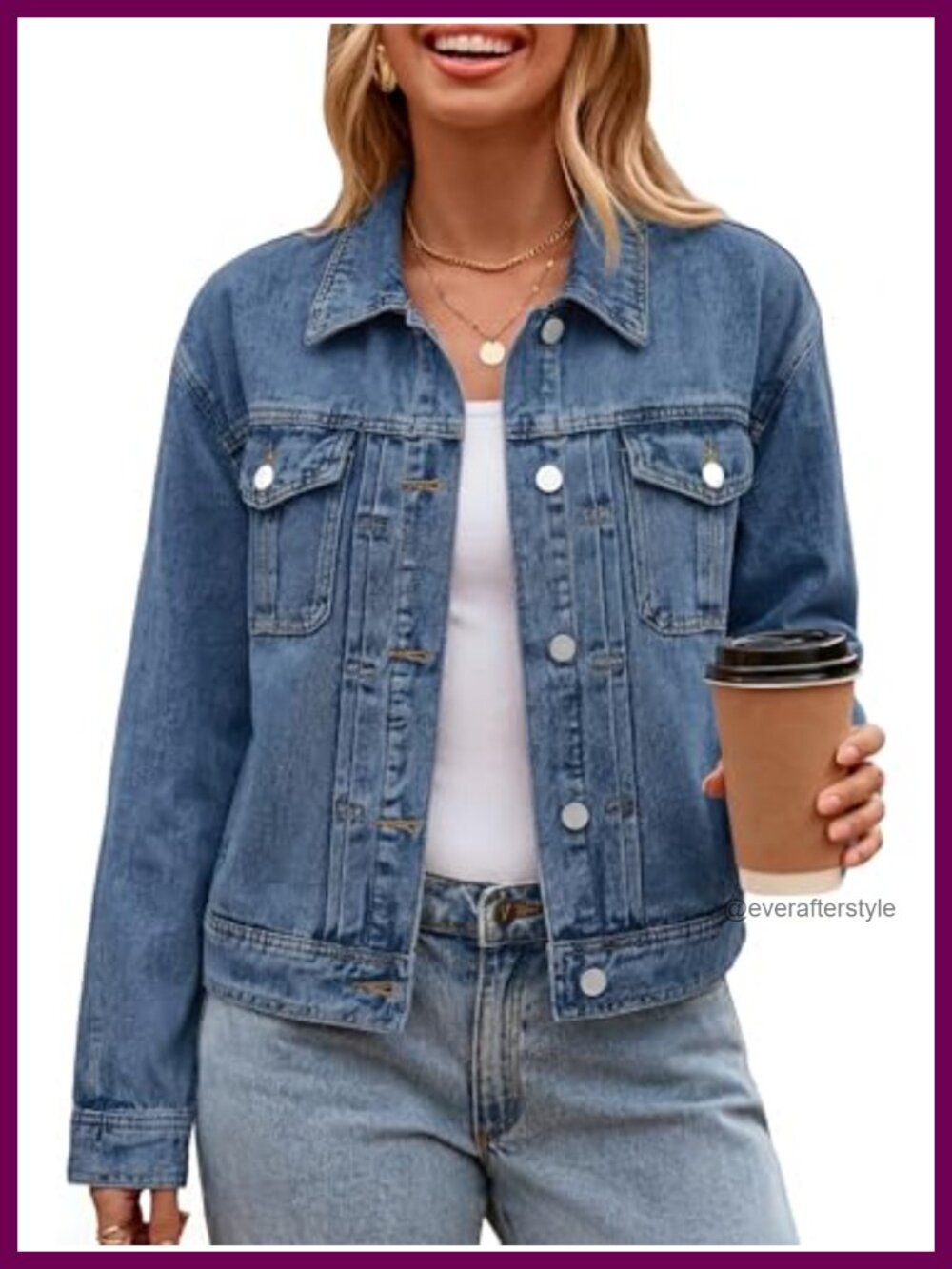 Womens Denim Jacket Button Down Long Sleeve Trucker Jean Coat with Pockets